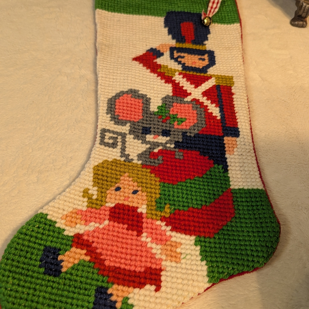 Handmade Needlepoint Nutcracker & Doll Christmas Stocking - Red Green White - Picture 3 of 8